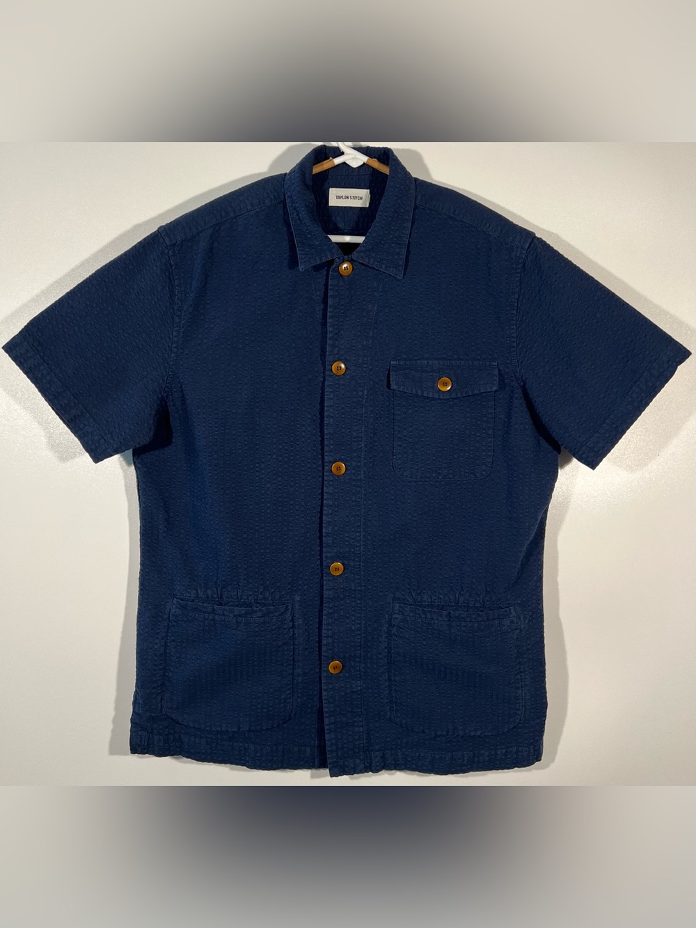 Taylor Stitch The Hemingway Shirt Navy Seersucker Short Sleeve Men 42 L Chore